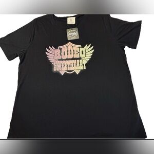 DAISY RAE BLACK TEE WITH PINK AND LIME GREEN RODEO SWEETHEART SZ-XL